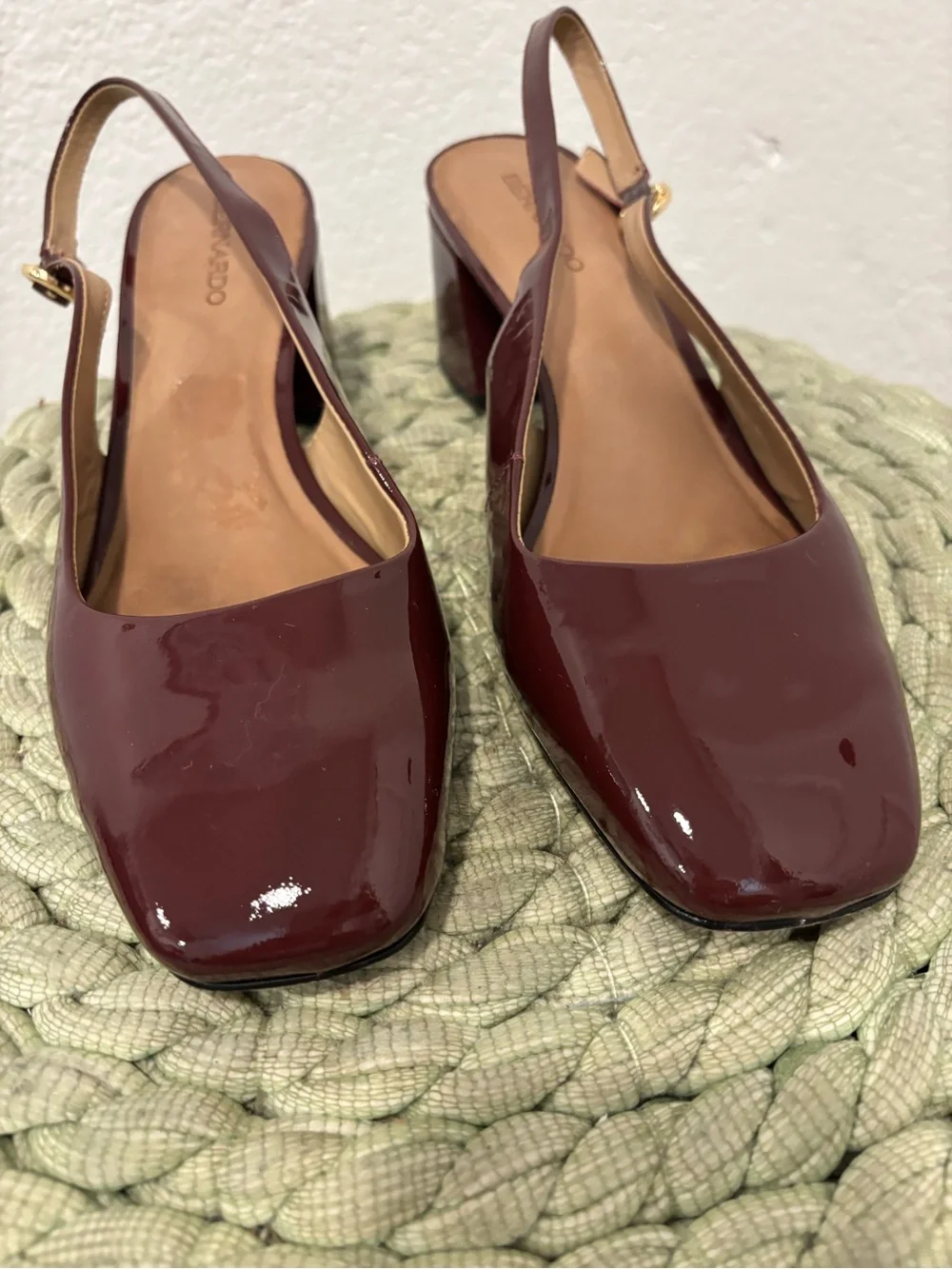 Bernardo Alexia Deep Burgundy Patent Leather Slingback Block Heel Pumps